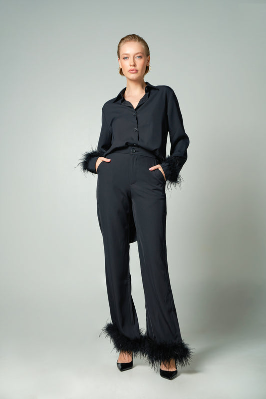 Monica suit - RELAXED SATIN SUIT WITH OSTRICH TRIM - BLACK
