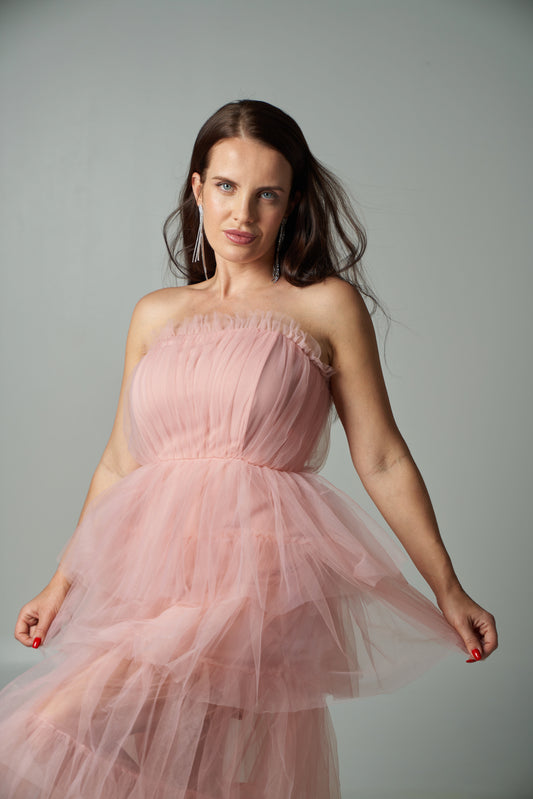 Milene Dress - LAYERED TULLE MESH MAXI DRESS - PINK